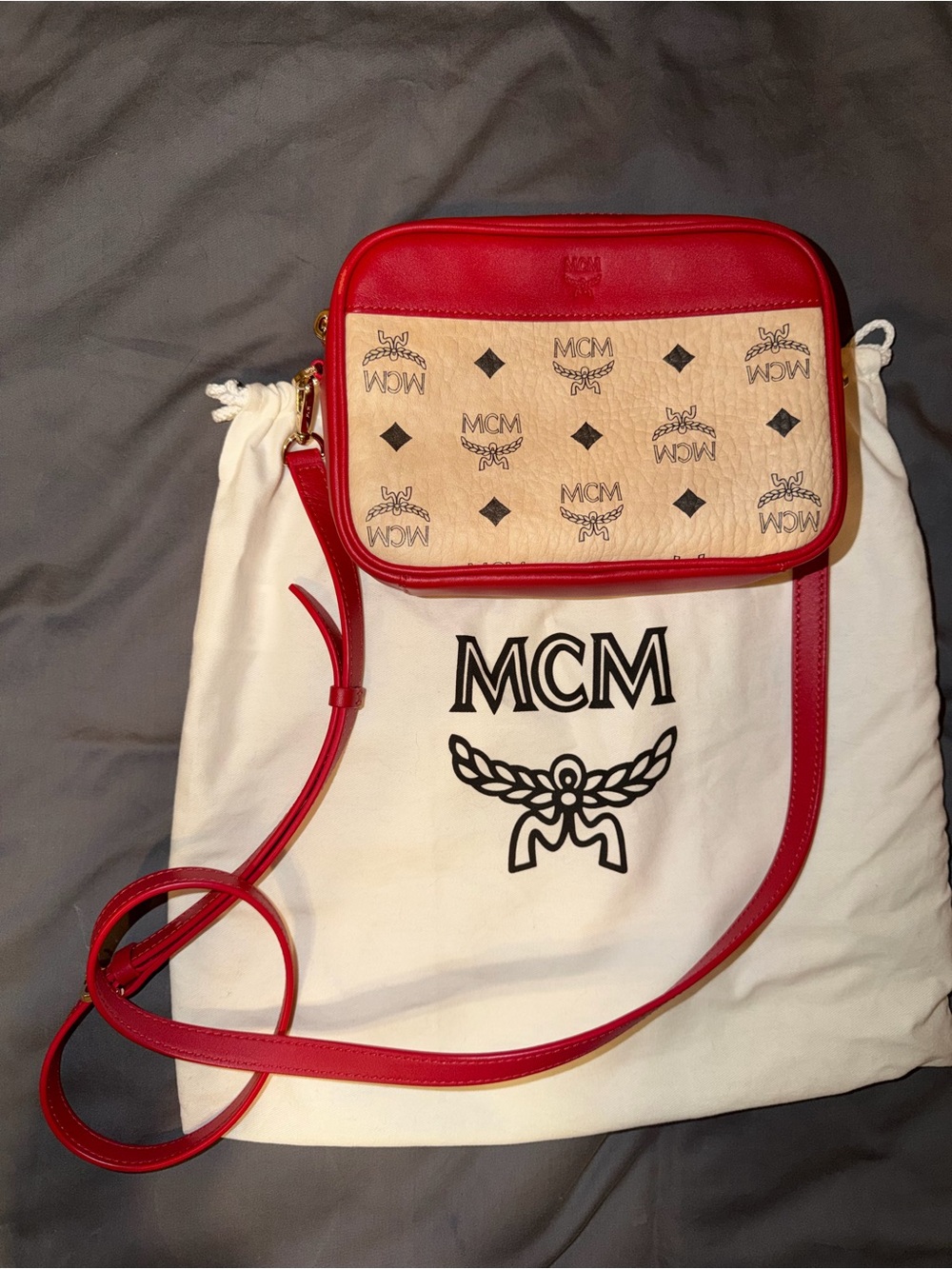 MCM Beige Logo Canvas Crossbody with Red Leather Trim